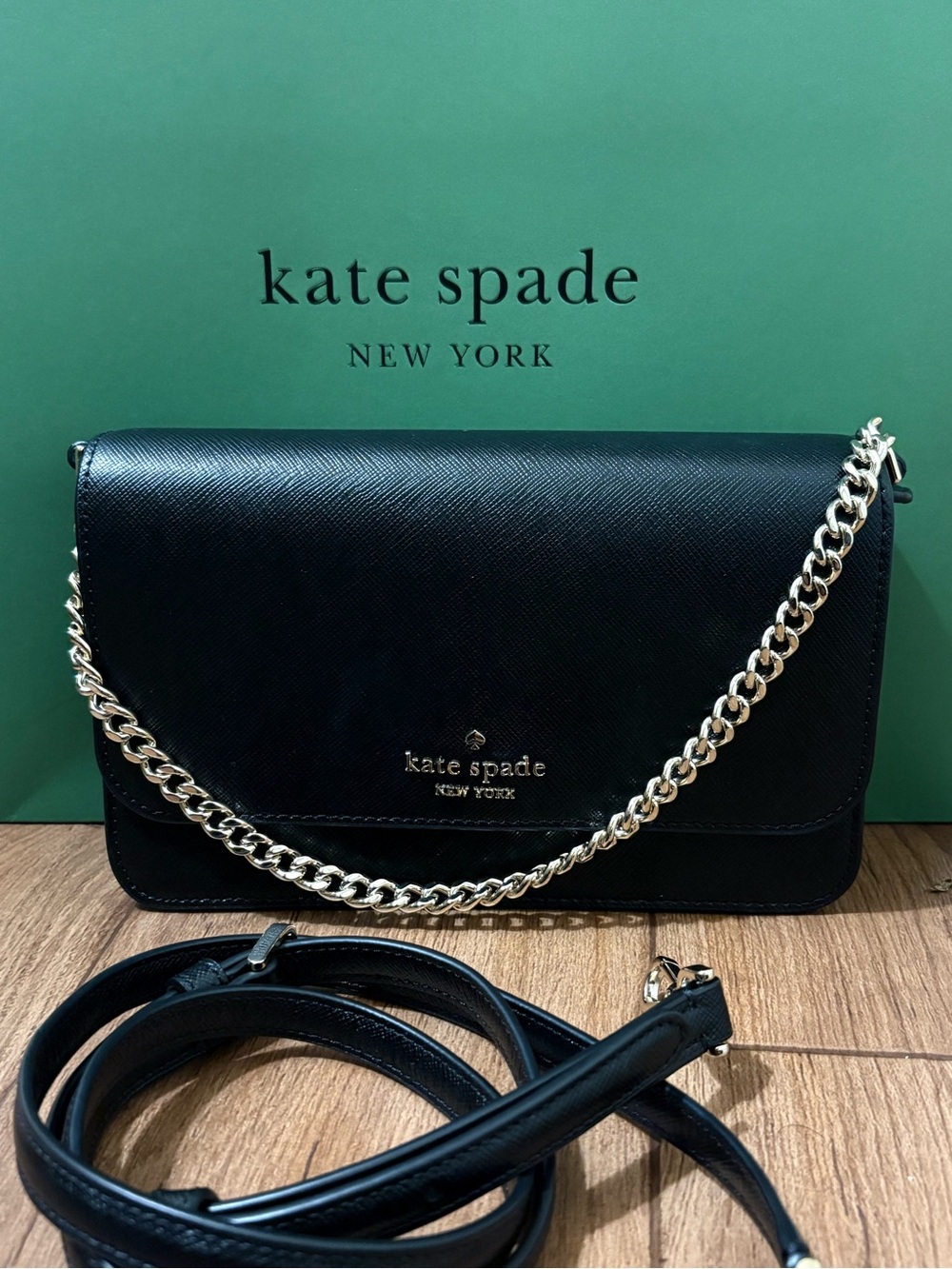kate spade Black Leather Chain Crossbody with Gold Hardware
